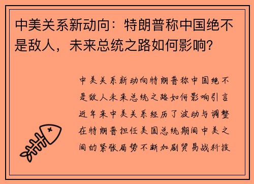 中美关系新动向：特朗普称中国绝不是敌人，未来总统之路如何影响？