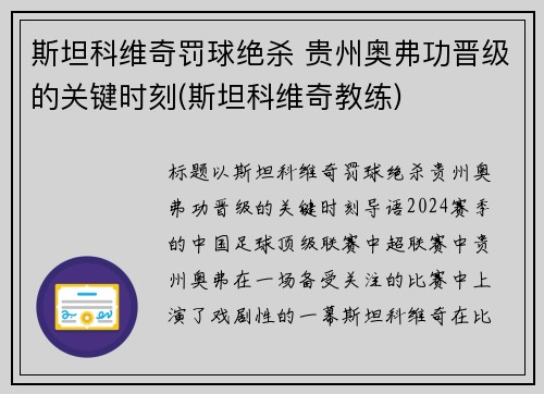 斯坦科维奇罚球绝杀 贵州奥弗功晋级的关键时刻(斯坦科维奇教练)