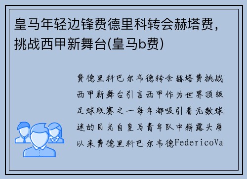 皇马年轻边锋费德里科转会赫塔费，挑战西甲新舞台(皇马b费)
