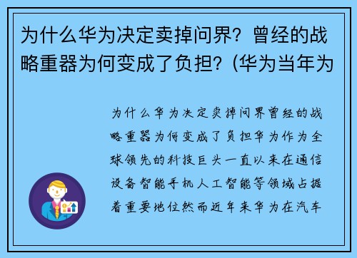 为什么华为决定卖掉问界？曾经的战略重器为何变成了负担？(华为当年为什么想卖掉)