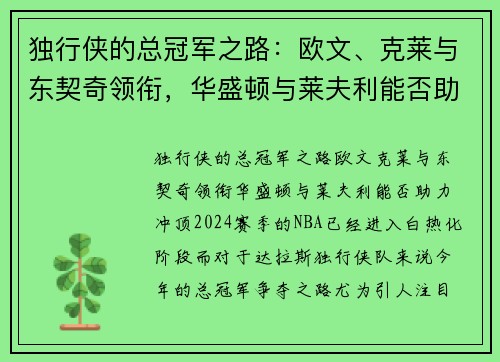 独行侠的总冠军之路：欧文、克莱与东契奇领衔，华盛顿与莱夫利能否助力冲顶