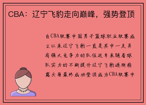 CBA：辽宁飞豹走向巅峰，强势登顶