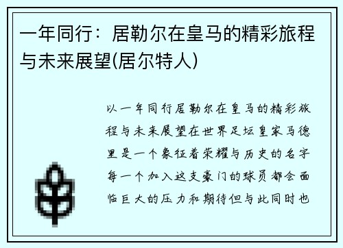 一年同行：居勒尔在皇马的精彩旅程与未来展望(居尔特人)