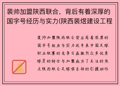 裴帅加盟陕西联合，背后有着深厚的国字号经历与实力(陕西裴煜建设工程有限公司)