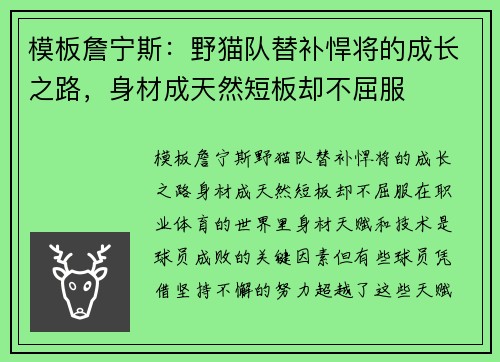 模板詹宁斯：野猫队替补悍将的成长之路，身材成天然短板却不屈服
