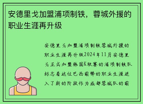 安德里戈加盟浦项制铁，蓉城外援的职业生涯再升级