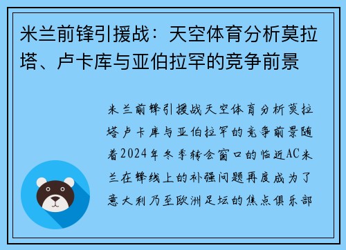 米兰前锋引援战：天空体育分析莫拉塔、卢卡库与亚伯拉罕的竞争前景
